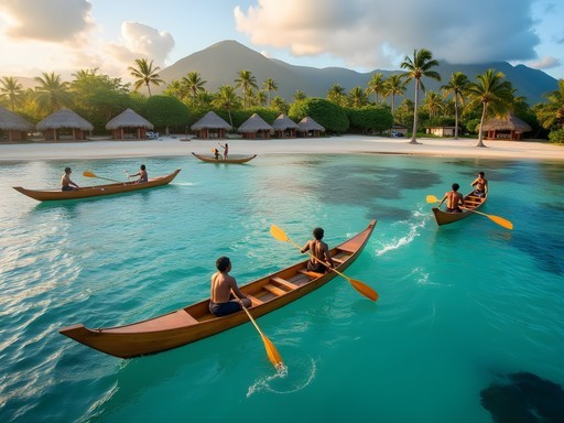 Traditional Samoan outrigger canoes along village coastline near Salelologa with paddlers