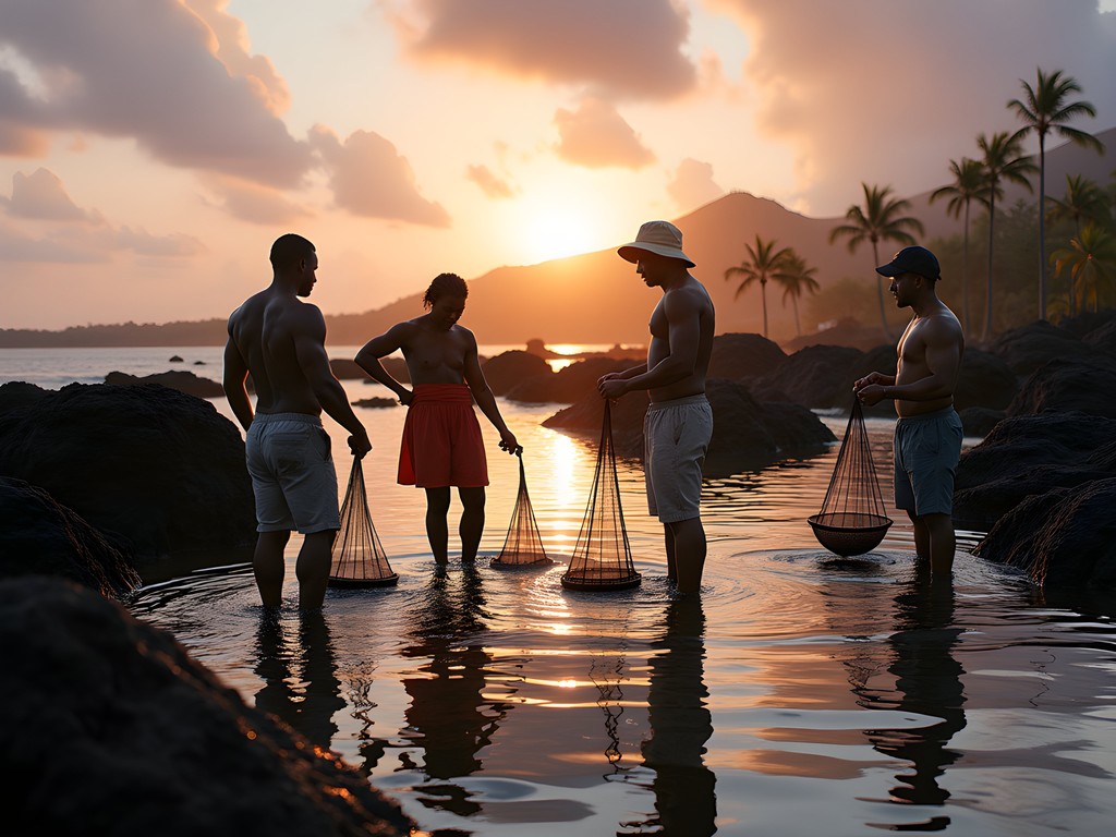 Local Samoans and tourists participating in traditional tidal pool fishing at sunrise in Salelologa