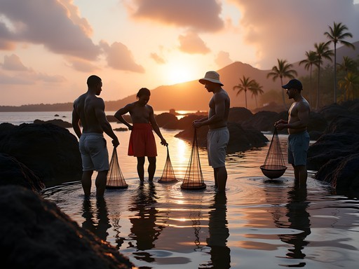 Local Samoans and tourists participating in traditional tidal pool fishing at sunrise in Salelologa