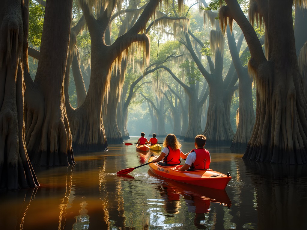 Family kayaking through cypress trees on Pocomoke River