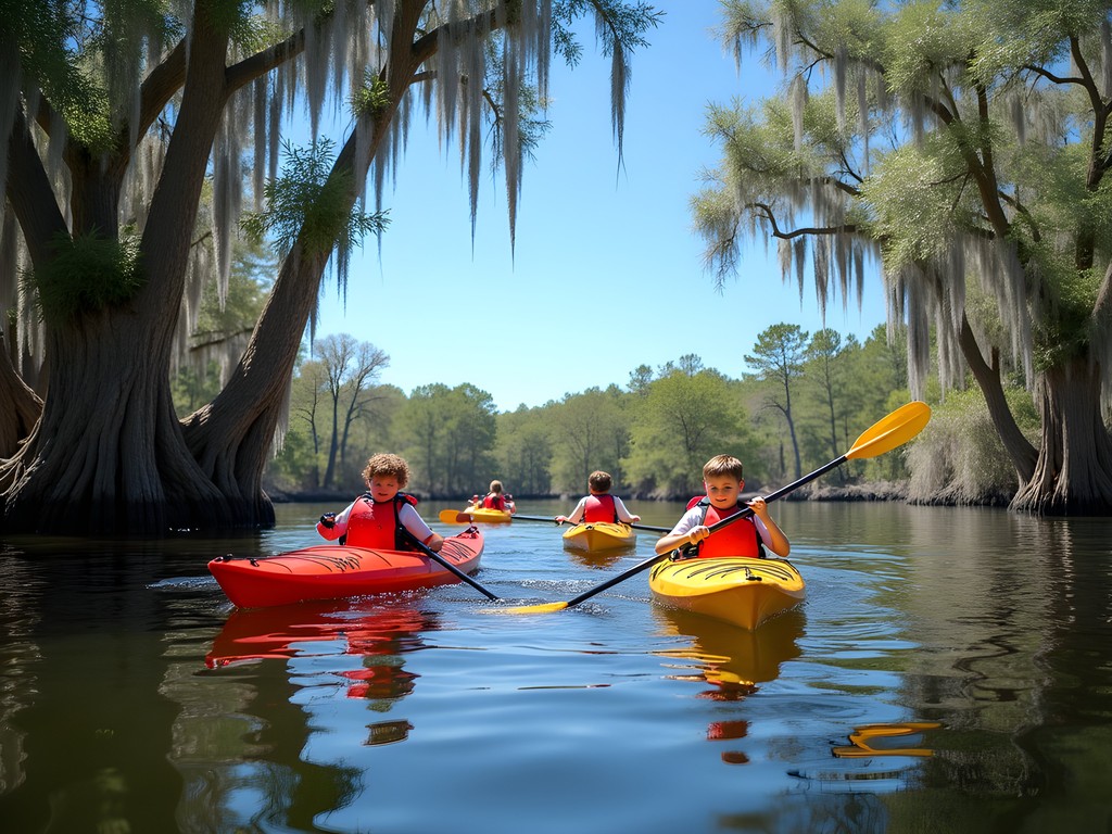 Family kayaking among cypress trees at Trap Pond State Park