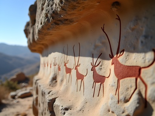 Ancient rock petroglyphs near Agalyk village showing hunting scenes with mountains in background