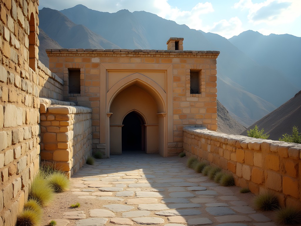 Ancient stone caravanserai at Amankutan Pass with dramatic mountain backdrop and traditional arched entrance