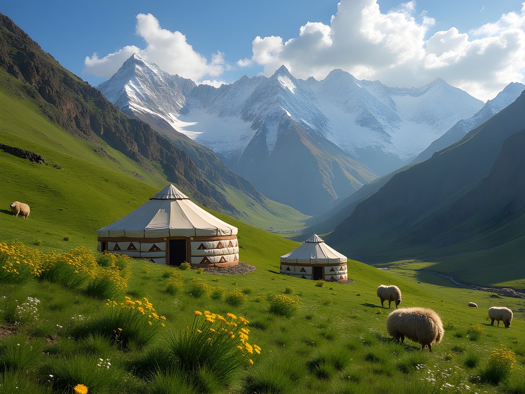 Traditional nomadic yurts in alpine meadows of Hissor Mountains with snow-capped peaks in background