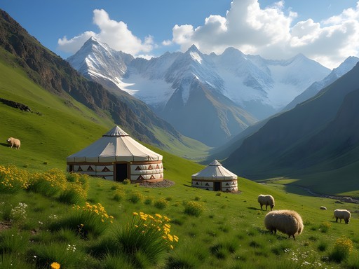 Traditional nomadic yurts in alpine meadows of Hissor Mountains with snow-capped peaks in background
