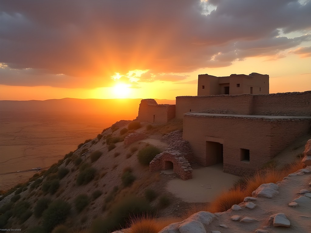 Ancient fortress ruins of Nurata at sunset with golden light illuminating crumbling walls against desert backdrop
