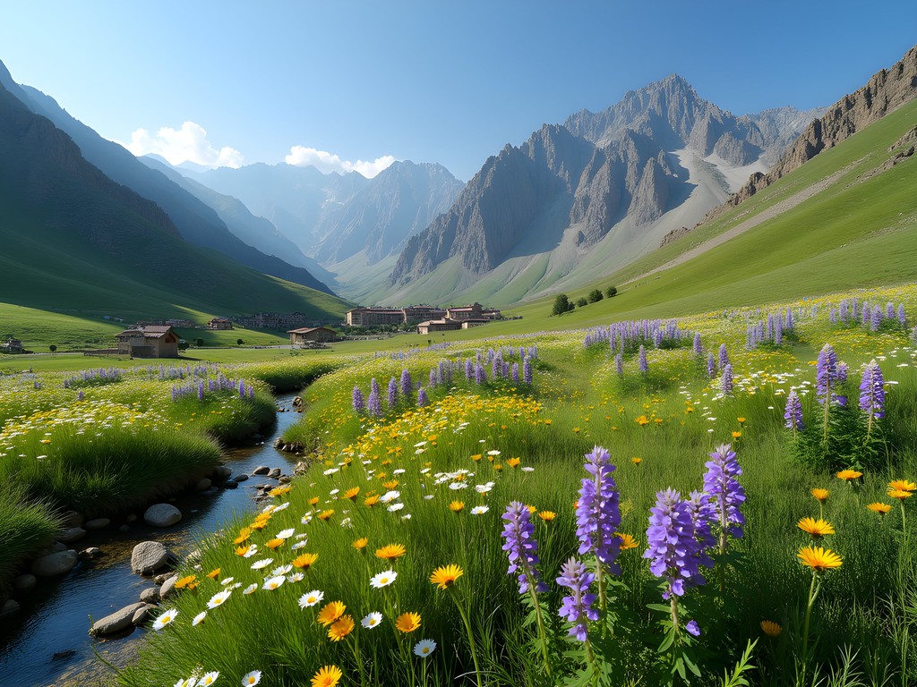Alpine meadows in Zarafshan Valley with colorful spring wildflowers and traditional stone village in distance