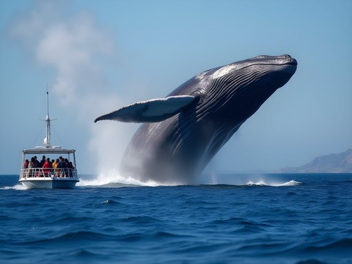 Blue whale surfacing near whale watching boat off San Diego coast showing massive size