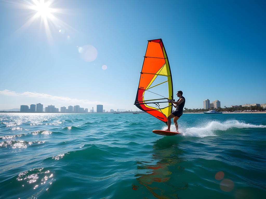 Windsurfer learning to sail on calm Mission Bay waters with San Diego skyline in background