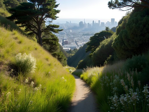 Woman standing on trail in Glen Canyon Park with San Francisco cityscape visible beyond