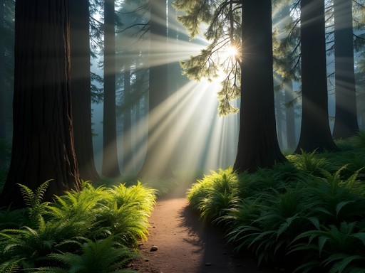 Sunlight filtering through towering redwood trees along the Purisima Creek Trail