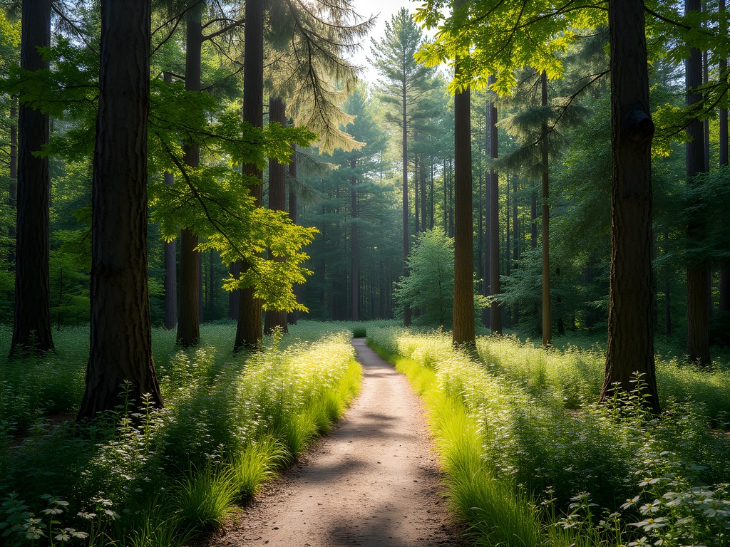 Sunlit forest trail at Big Trees Forest Preserve in Sandy Springs