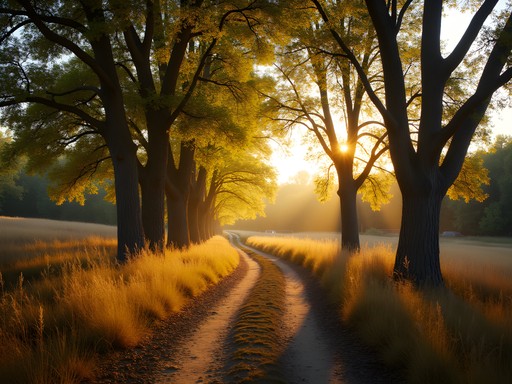Sunset on Dimple Dell Regional Park trail with golden light through cottonwood trees