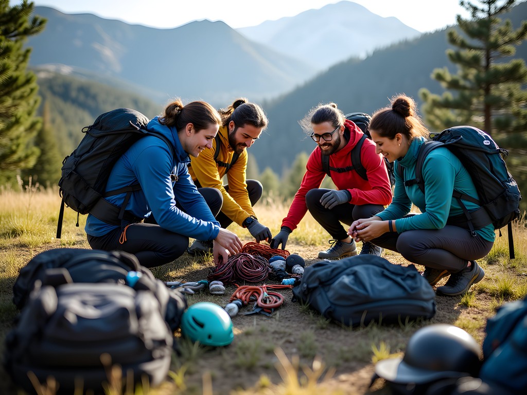 Group of outdoor adventurers preparing gear at trailhead in Wasatch Mountains Utah