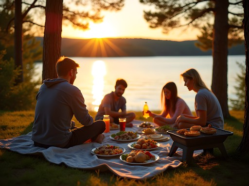 Family enjoying sunset picnic by Mousam Lake in Sanford Maine