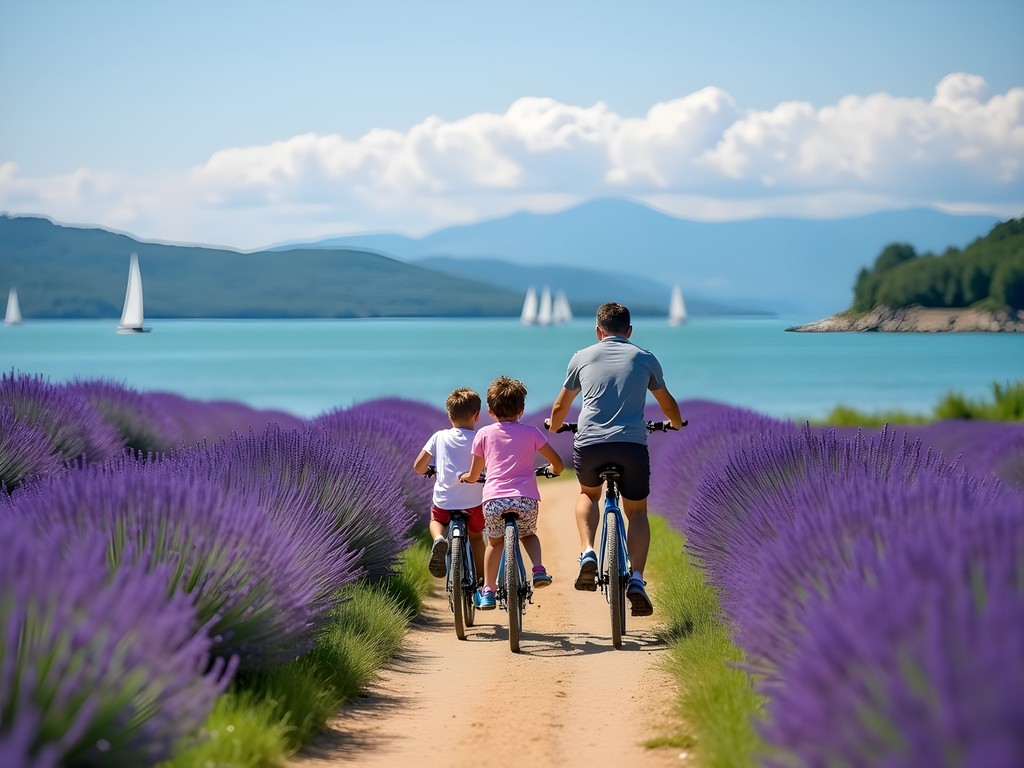 Family biking through lavender fields near Tihany Peninsula at Lake Balaton