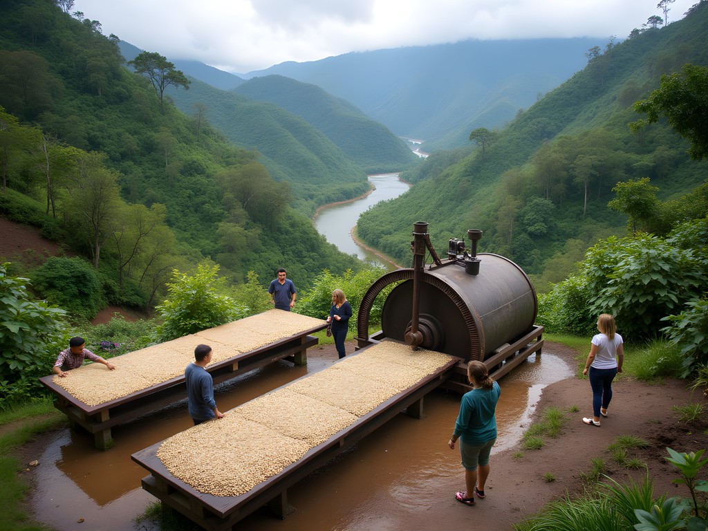 Family learning about coffee production at La Victoria coffee farm in Minca