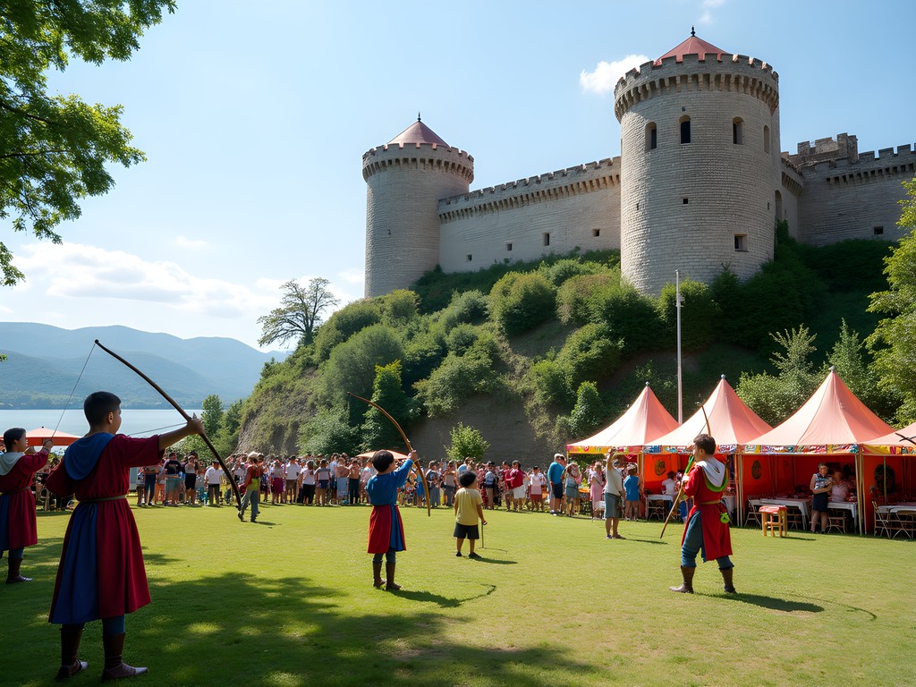 Children participating in medieval activities at Szigliget Castle overlooking Lake Balaton