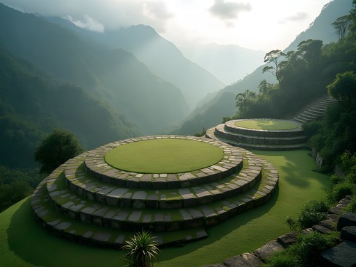 Ancient stone terraces of Ciudad Perdida (Lost City) emerging from misty jungle in Sierra Nevada