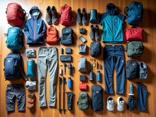 Organized hiking gear layout showing equipment for both Santiago and Arequipa treks