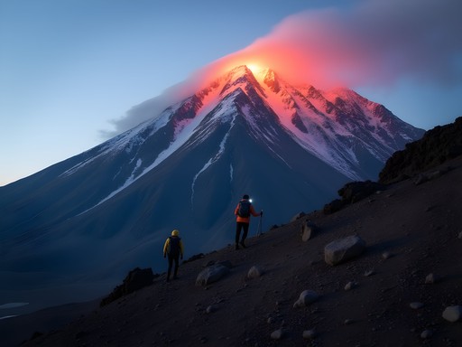 Early morning climb on El Misti volcano with alpenglow on volcanic landscape