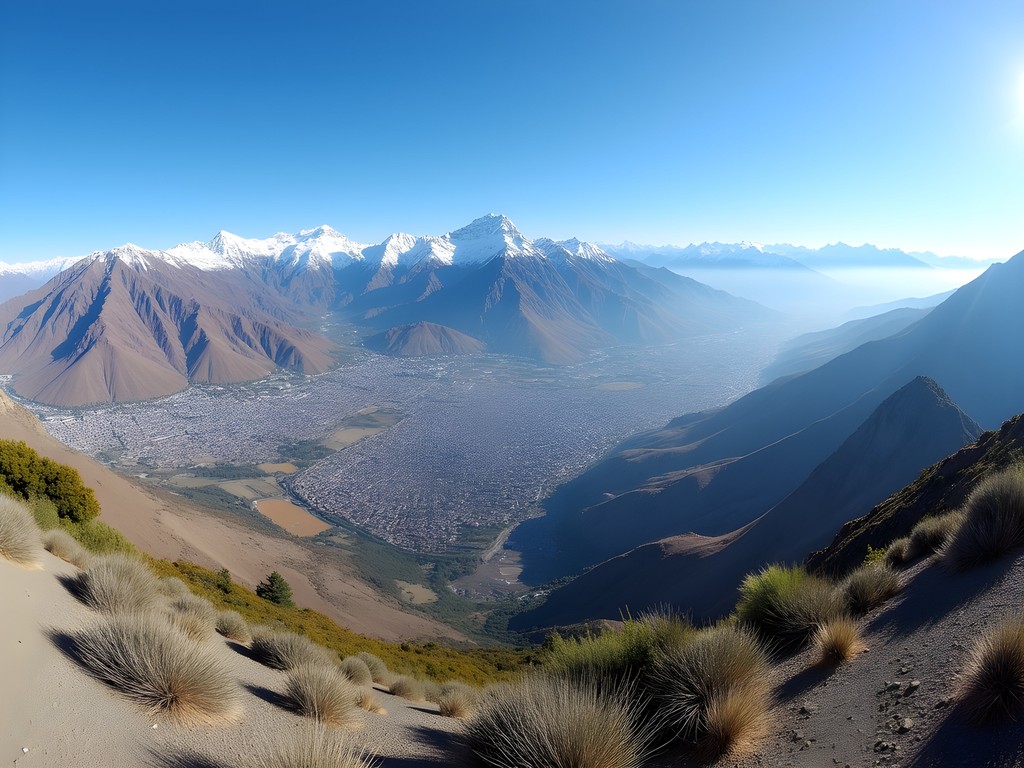 Panoramic view from Cerro Provincia summit showing Santiago city below and Andean peaks