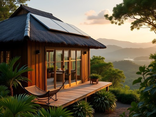 Sustainable eco-lodge bungalow nestled in Sao Tome jungle with mountain views