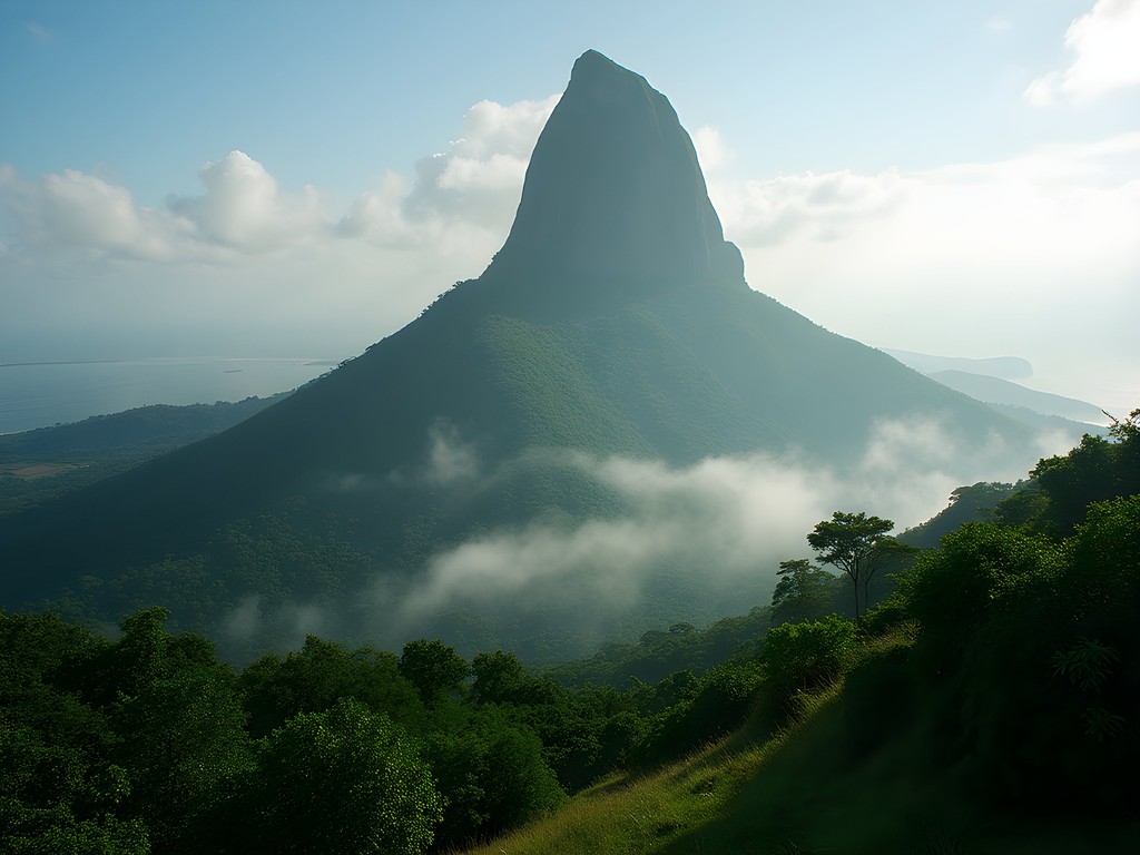 Dramatic view of Pico Cão Grande volcanic plug rising from misty jungle