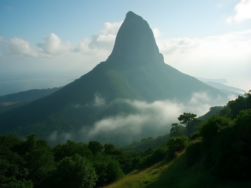 Dramatic view of Pico Cão Grande volcanic plug rising from misty jungle