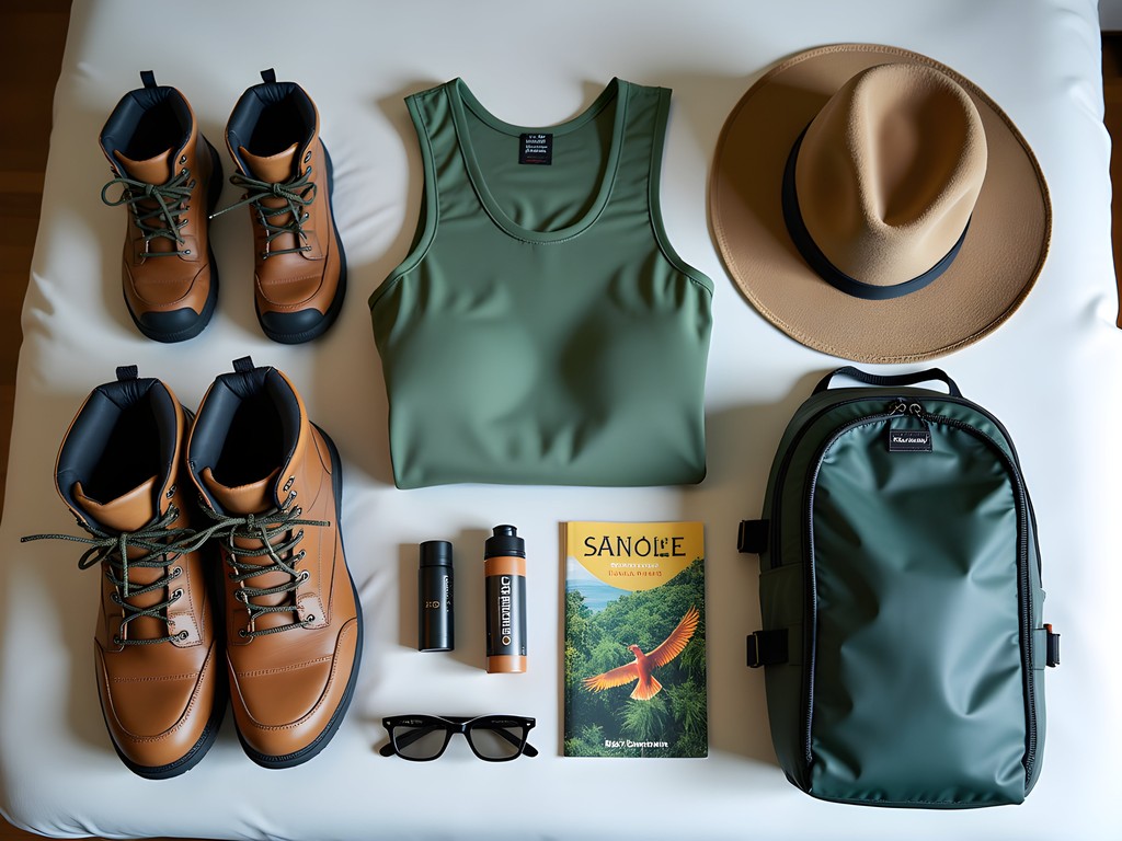 Essential hiking and jungle exploration gear for Sao Tome laid out on bed