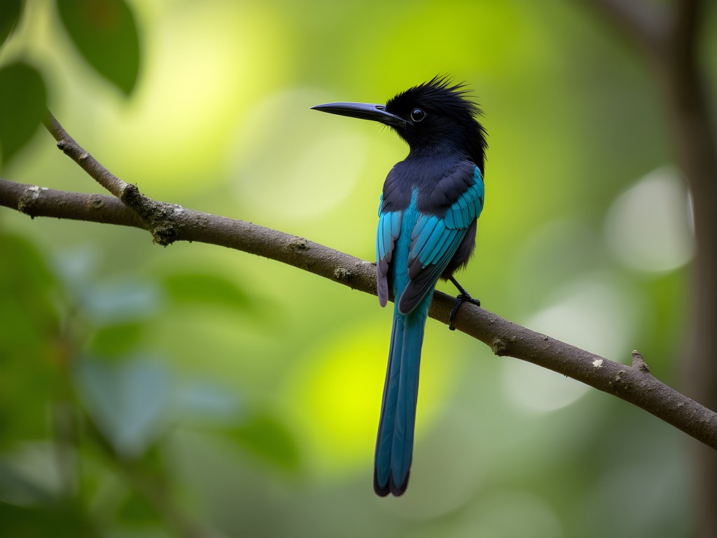 Rare endemic Sao Tome Paradise Flycatcher perched on branch in Obo National Park