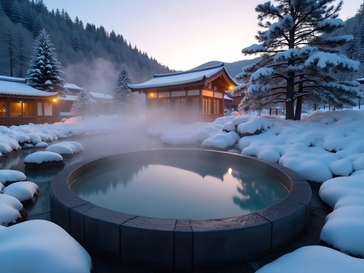 Steaming outdoor hot spring bath surrounded by snow-covered rocks and trees at twilight in Jozankei
