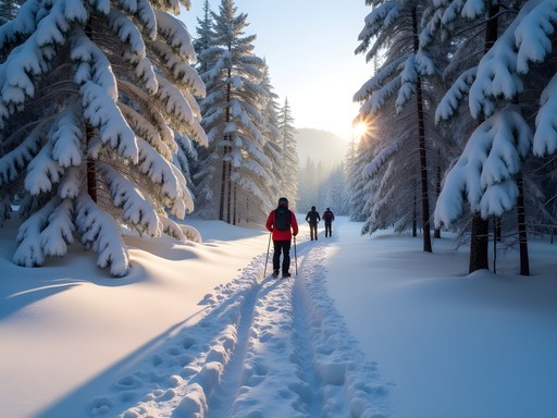 Group snowshoeing through snow-covered pine forest in Nopporo Forest Park with animal tracks visible in snow