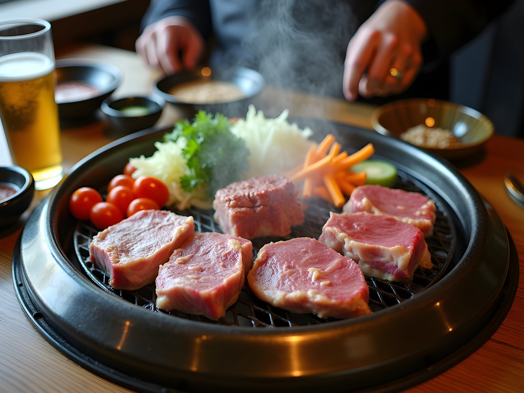 Traditional jingisukan meal being cooked on dome-shaped grill with fresh ingredients and Sapporo beer