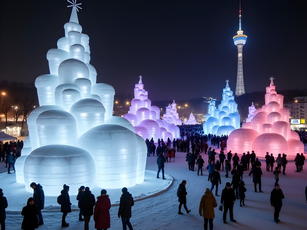 Illuminated snow sculptures at night during Sapporo Snow Festival with crowds enjoying the displays