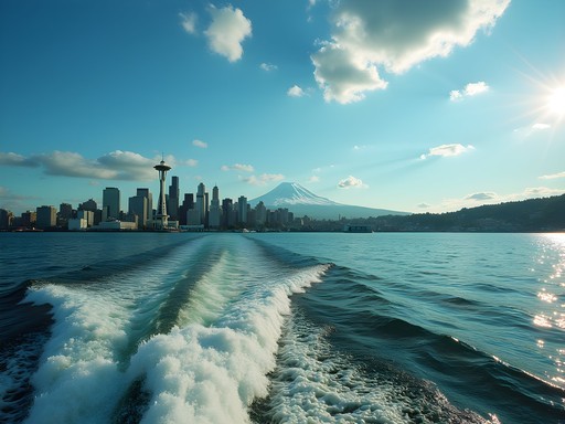 View of Seattle skyline from Bainbridge Island ferry with Mount Rainier visible