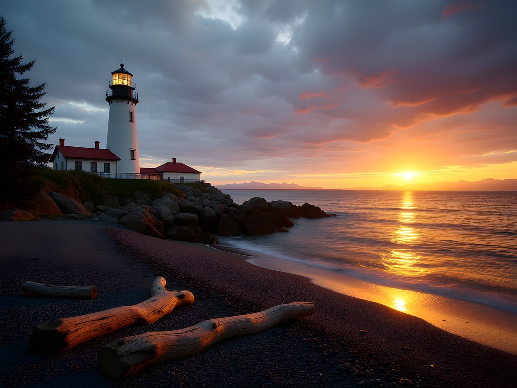 West Point Lighthouse at sunset with Olympic Mountains in background at Discovery Park, Seattle