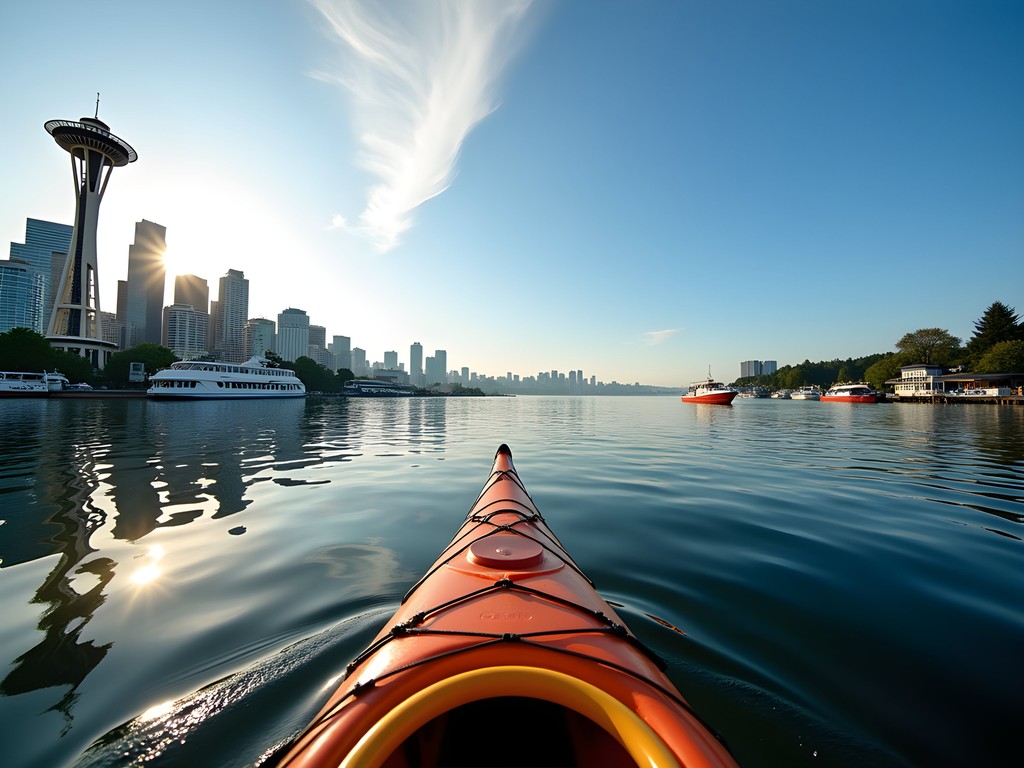 Kayaking on Lake Union with Space Needle and Seattle skyline view
