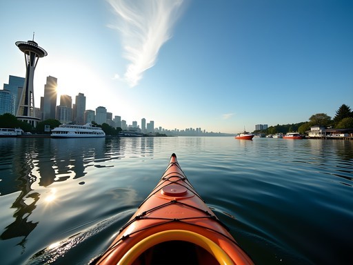Kayaking on Lake Union with Space Needle and Seattle skyline view