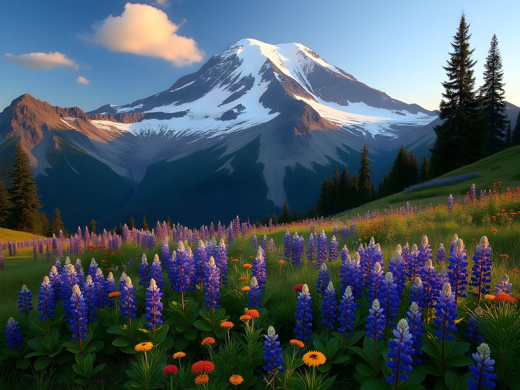 Mount Rainier with foreground of purple and red wildflowers in Paradise meadows