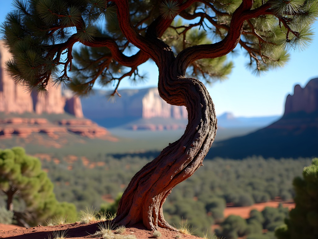Twisted juniper tree at Airport Mesa vortex with Sedona landscape