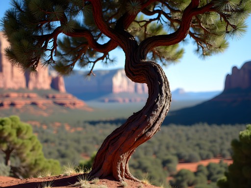 Twisted juniper tree at Airport Mesa vortex with Sedona landscape