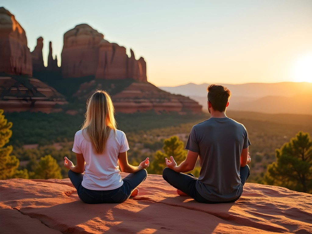 Couple meditating at Cathedral Rock vortex in Sedona