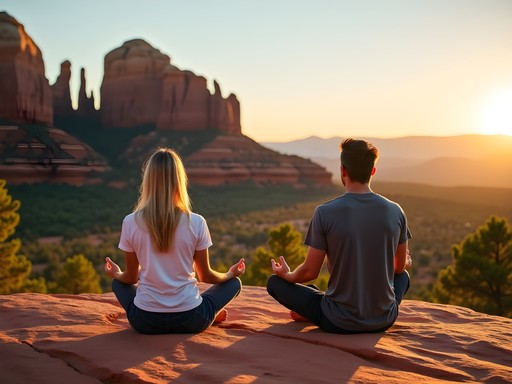 Couple meditating at Cathedral Rock vortex in Sedona