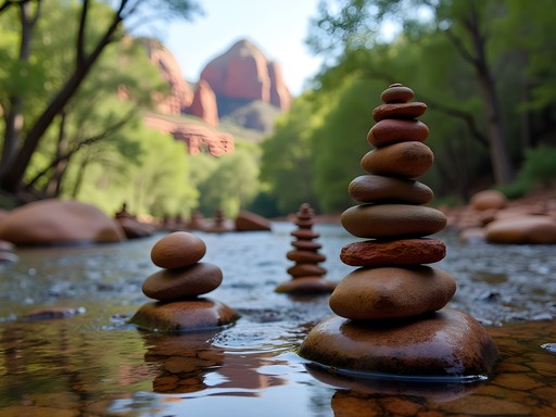 Stone cairns at Buddha Beach vortex near Red Rock Crossing in Sedona