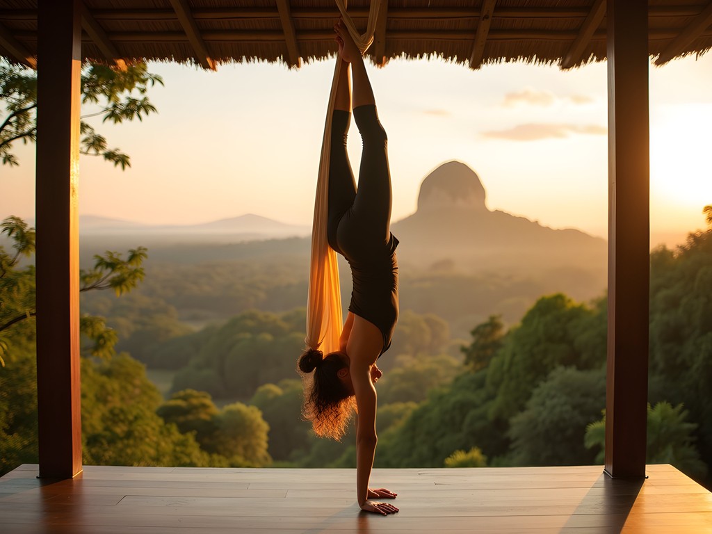 Aerial yoga in luxury retreat with view of Sigiriya landscape