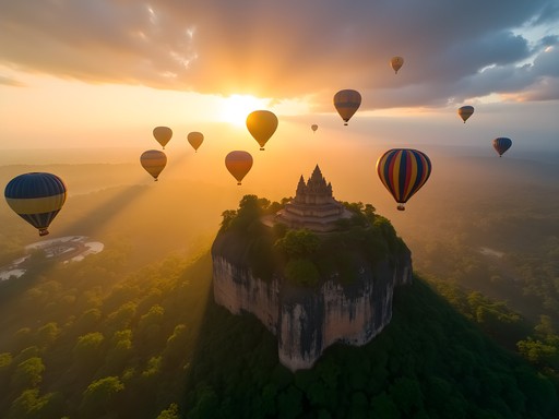 Hot air balloon flight over Sigiriya Rock Fortress at sunrise