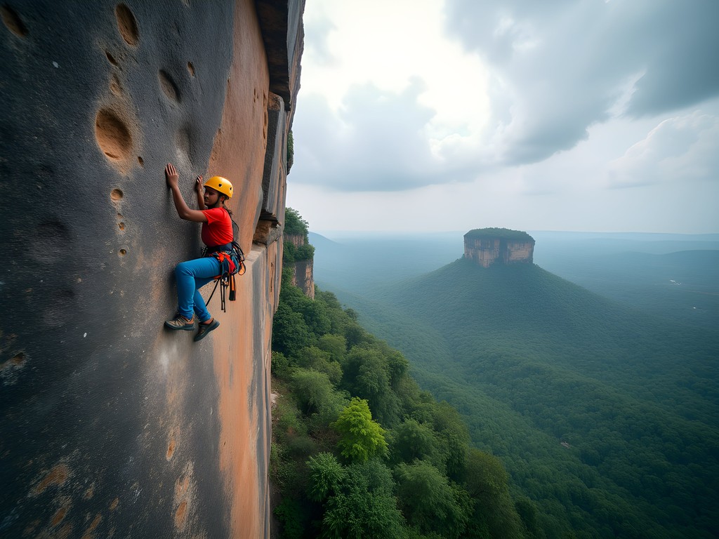 Technical rock climbing on granite formations near Pidurangala Rock