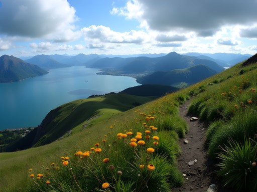 Panoramic view from Harbor Mountain ridge trail showing Sitka archipelago