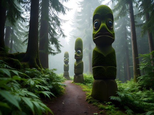 Totem poles along rainforest trail in Sitka National Historical Park